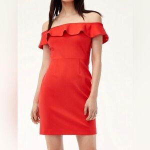 BABATON Aritzia EMRY Dress Flame Scarlet. Off-The-Shoulder Ruffle Dress. Size 6